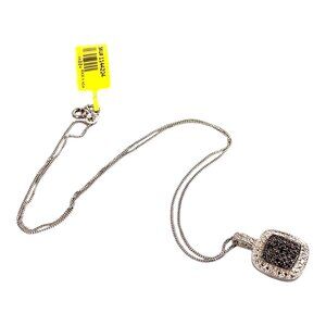 Vintage 925 Pendant Necklace 17” Sterling Silver Diamond Chip Square Charm Gift